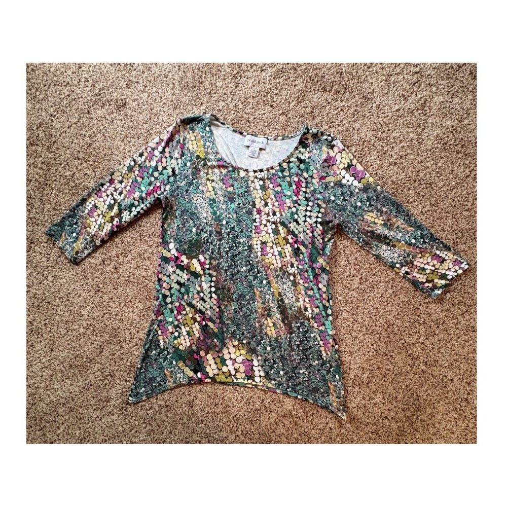 Peck & Peck Women Top Medium Multi Color Abstract Dot Sharkbite Hem 3/4 Sleeve